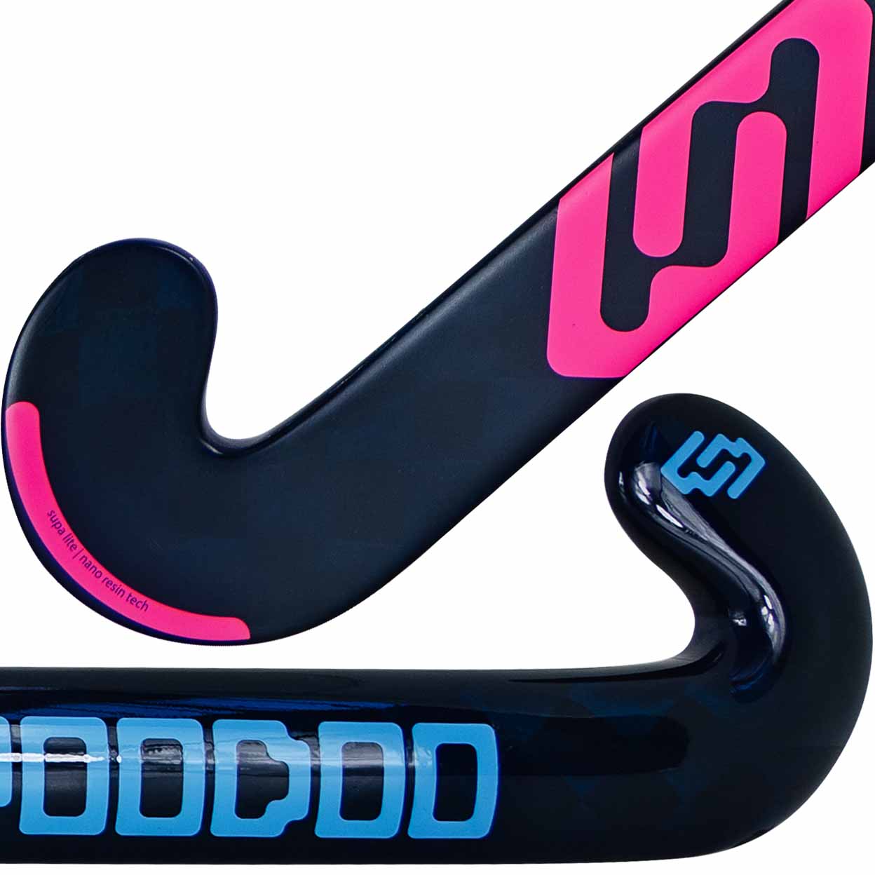 Blue and pink hockey stick with blue branding on a white background