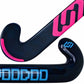 Blue and pink hockey stick with blue branding on a white background