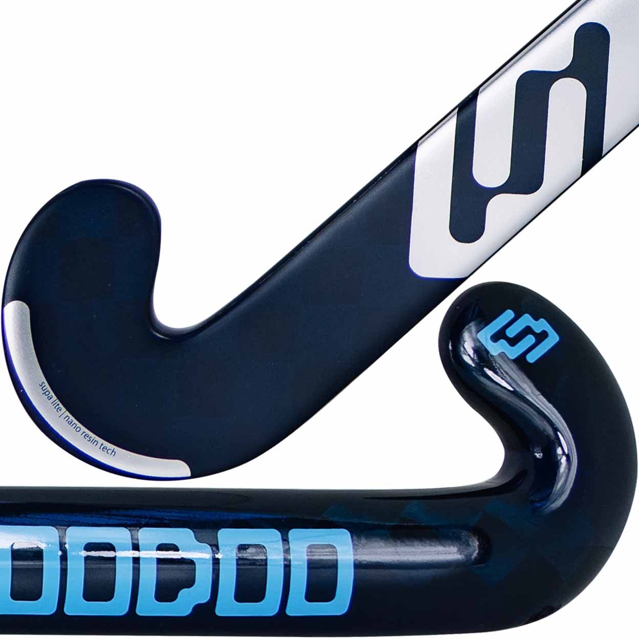 Close-up of a blue and white hockey stick with branding on a white background