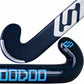 Close-up of a blue and white hockey stick with branding on a white background