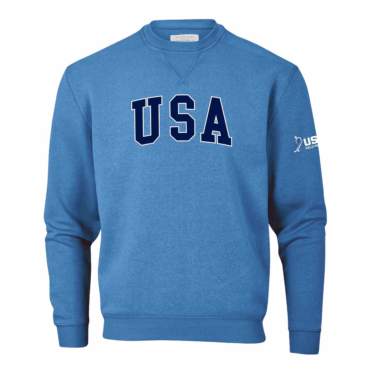 Blue sweatshirt with 'USA' text on a white background