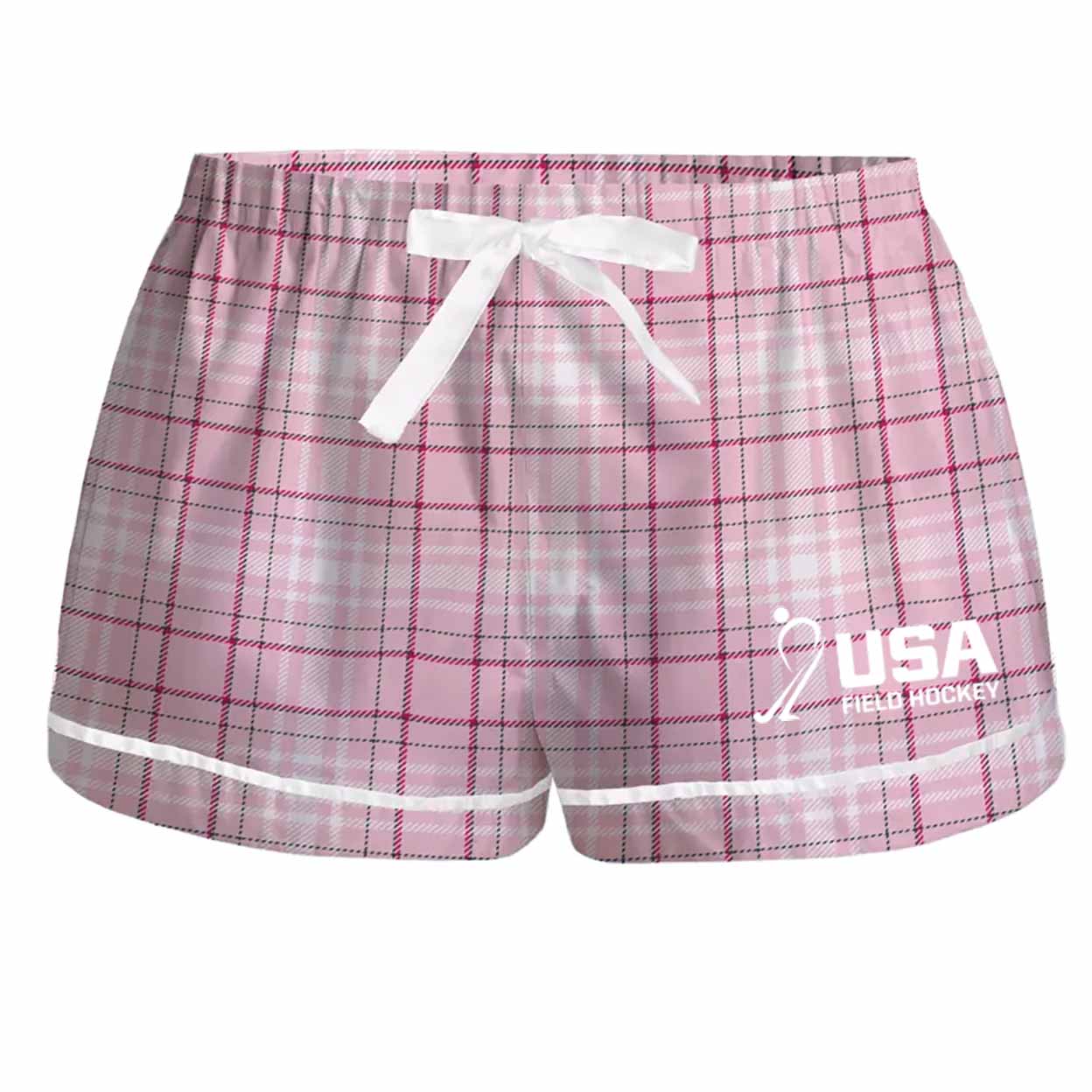 Pink plaid shorts with a white drawstring, white trim, and a USA Field Hockey logo in white on the lower left leg.