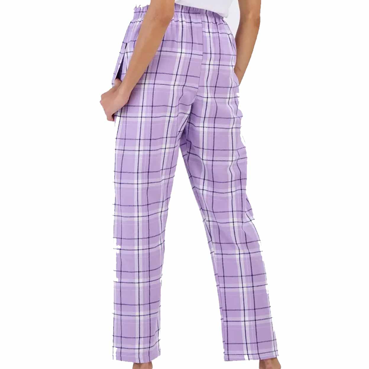 Back of a model wearing Purple plaid lounge pants with a white drawstring waist and a white 'USA Field Hockey' logo on the left leg, shown against a plain white background.