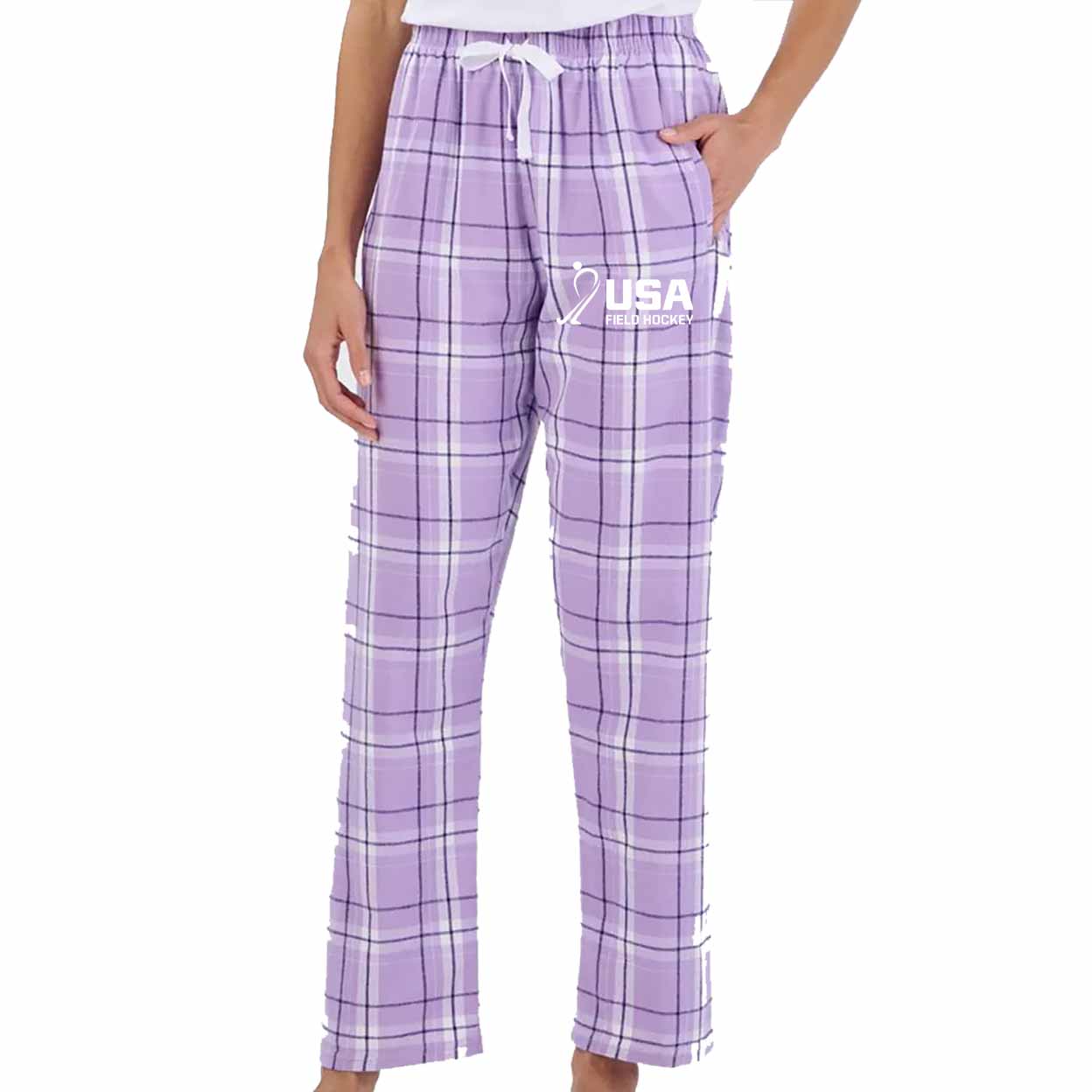 Model wearing Purple plaid lounge pants with a white drawstring waist and a white 'USA Field Hockey' logo on the left leg, shown against a plain white background.