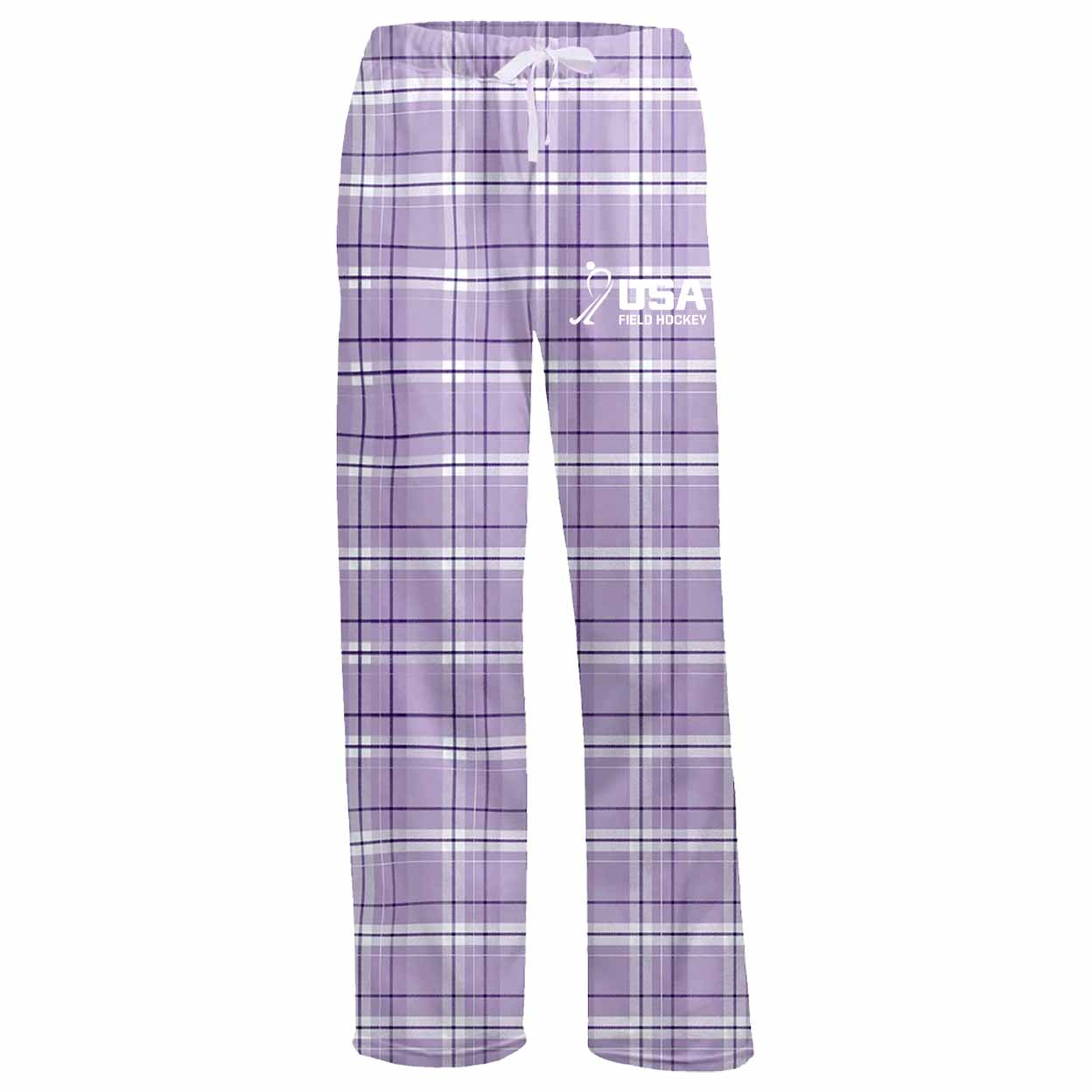 Purple plaid lounge pants with a white drawstring waist and a white 'USA Field Hockey' logo on the left leg, shown against a plain white background.
