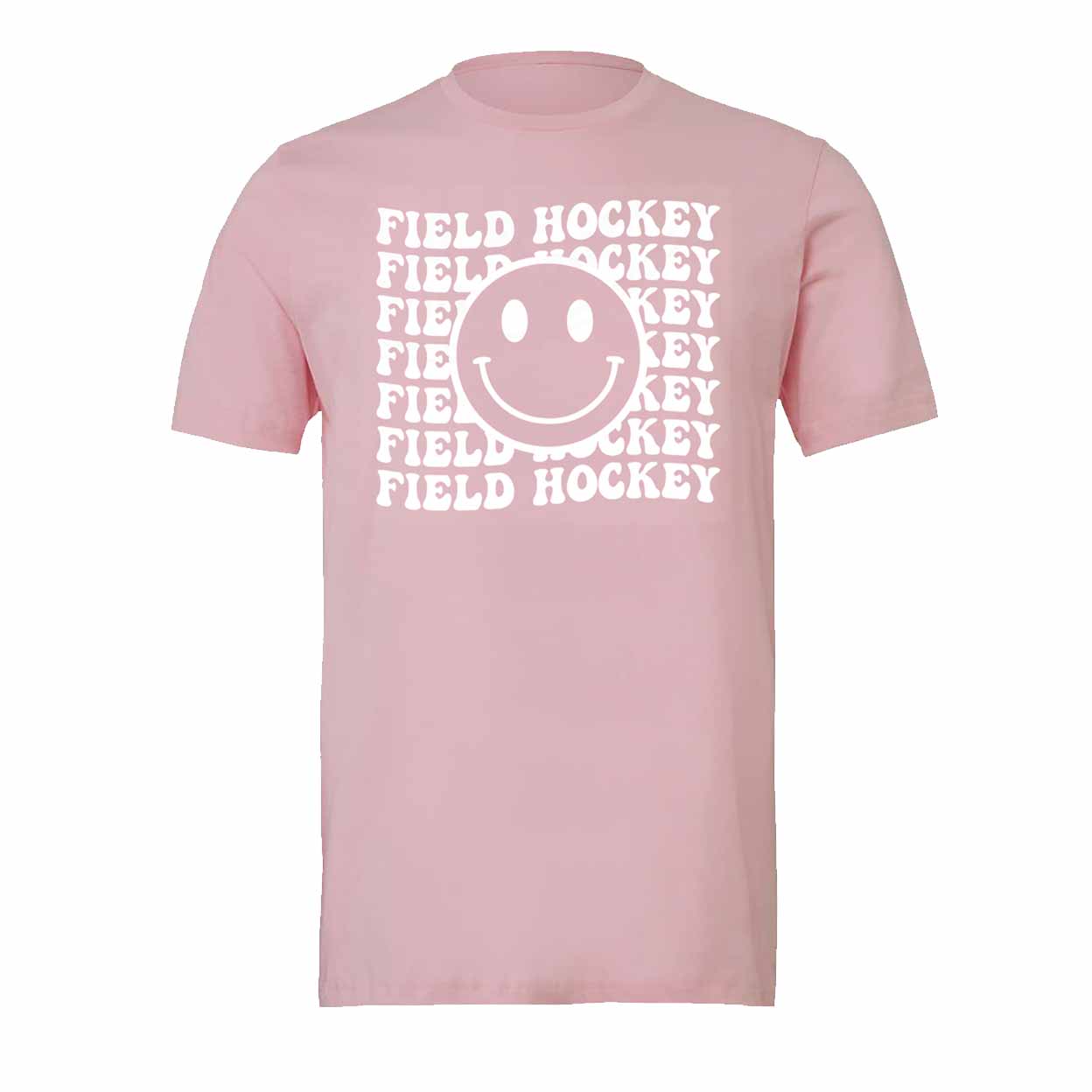 A light pink short-sleeve crewneck t-shirt with a white graphic on the chest featuring the text 'FIELD HOCKEY' repeated in a square pattern surrounding a smiley face.