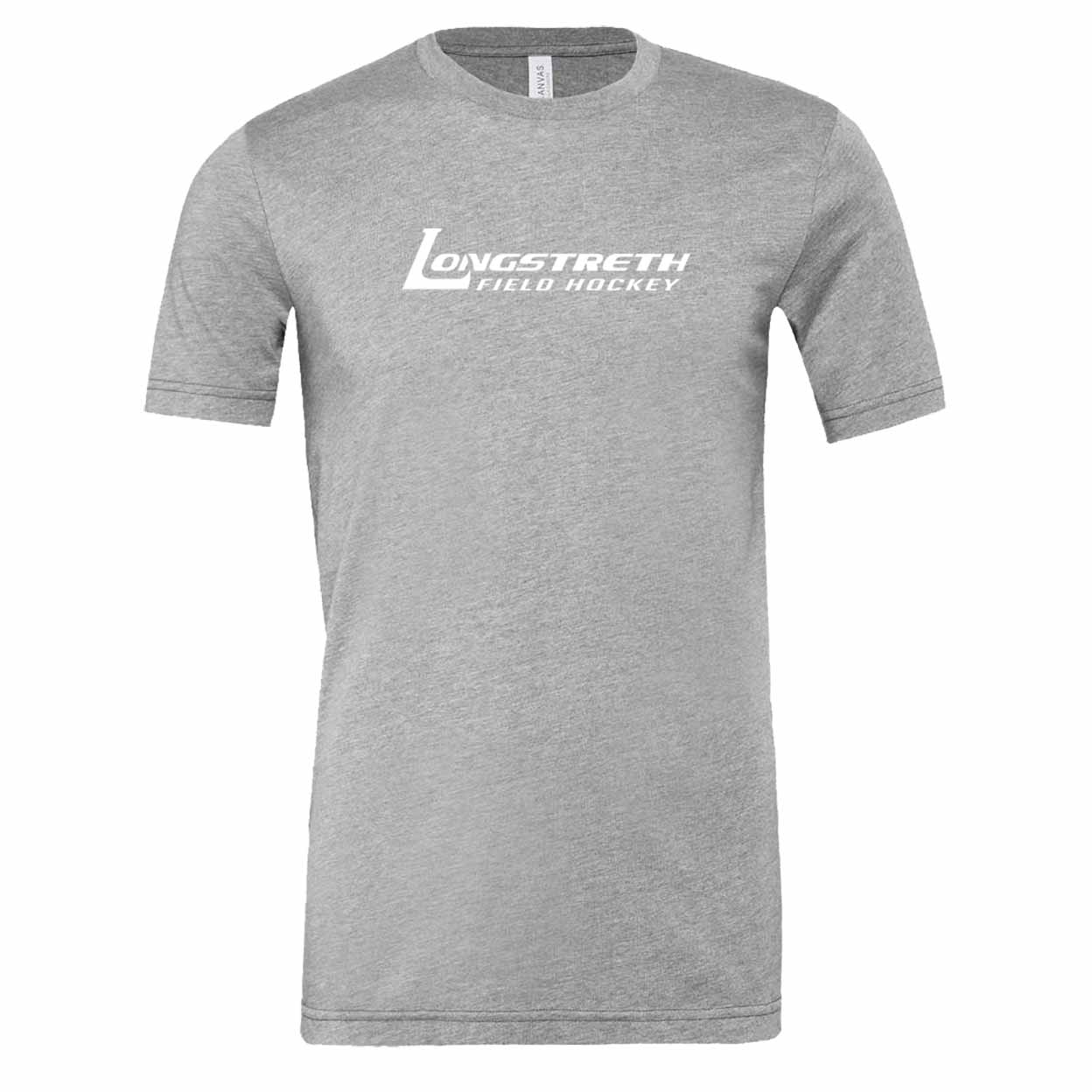 Grey short-sleeved t-shirt with the Longstreth Field Hockey logo printed in white on the chest.
