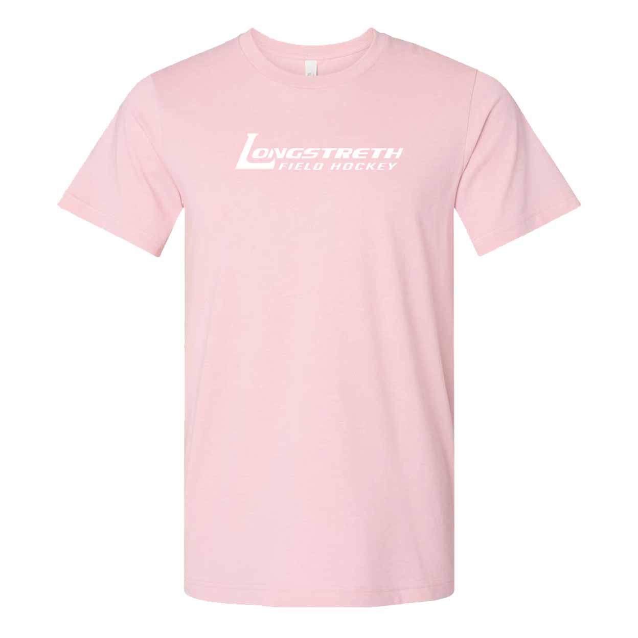 Light pink short-sleeved t-shirt with Longstreth Field Hockey printed in white on the chest.