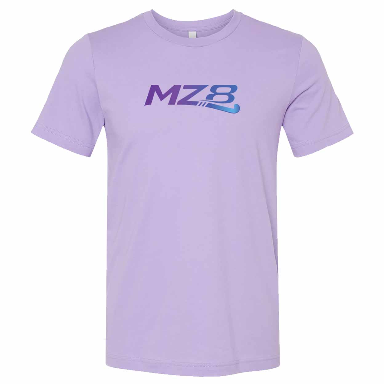 A light purple short-sleeve crewneck t-shirt featuring a stylized 'MZ8' logo printed across the chest in a purple-to-blue gradient.