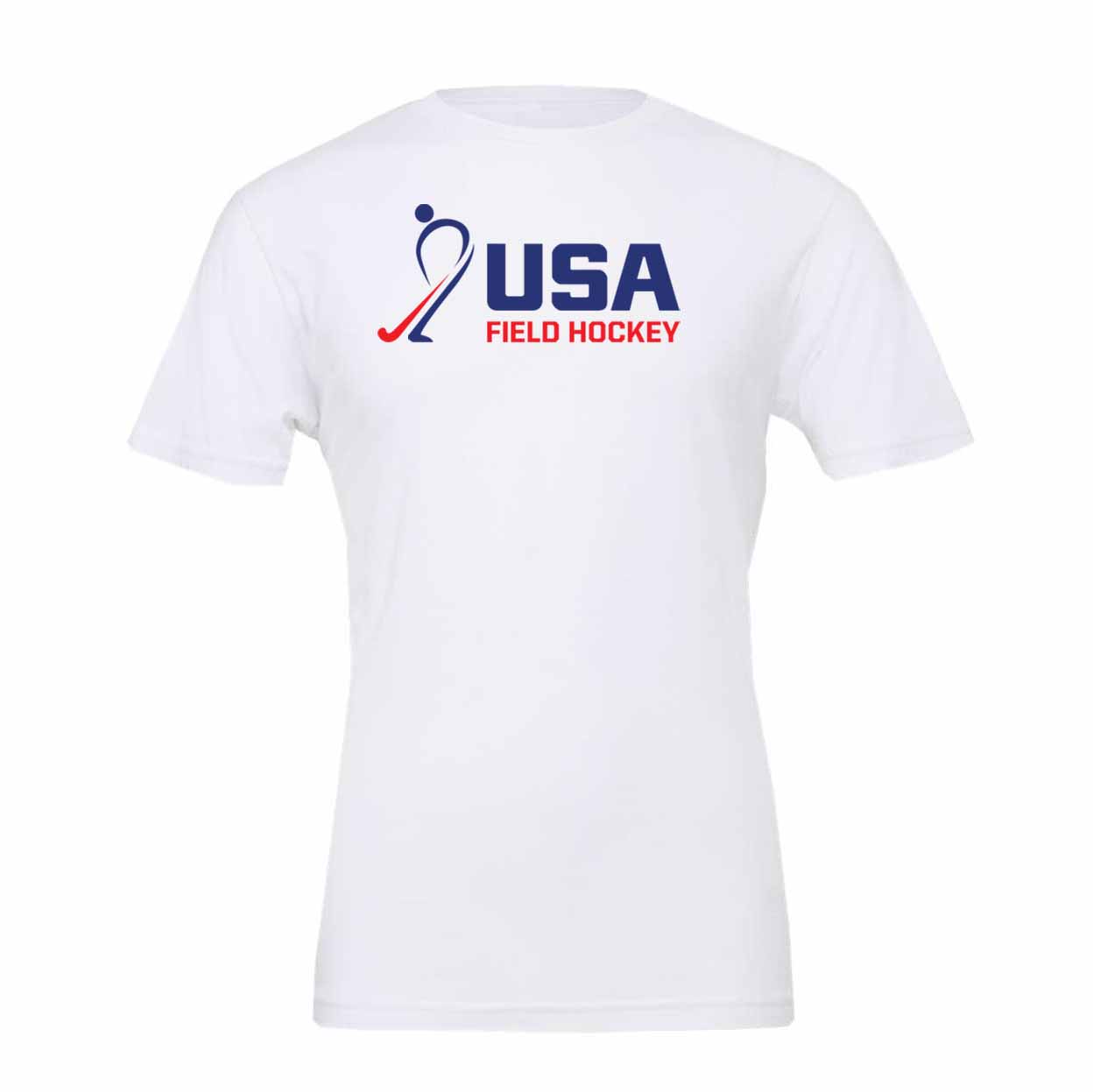 White t-shirt with USA Field Hockey logo on a white background
