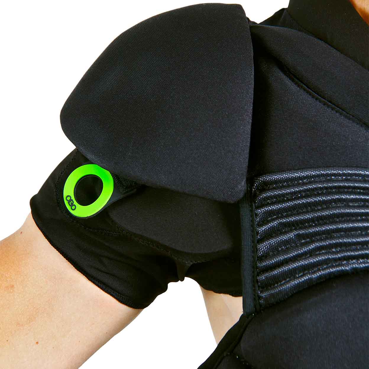detail of the OBO Robo Chest Guard shoulder pad in place