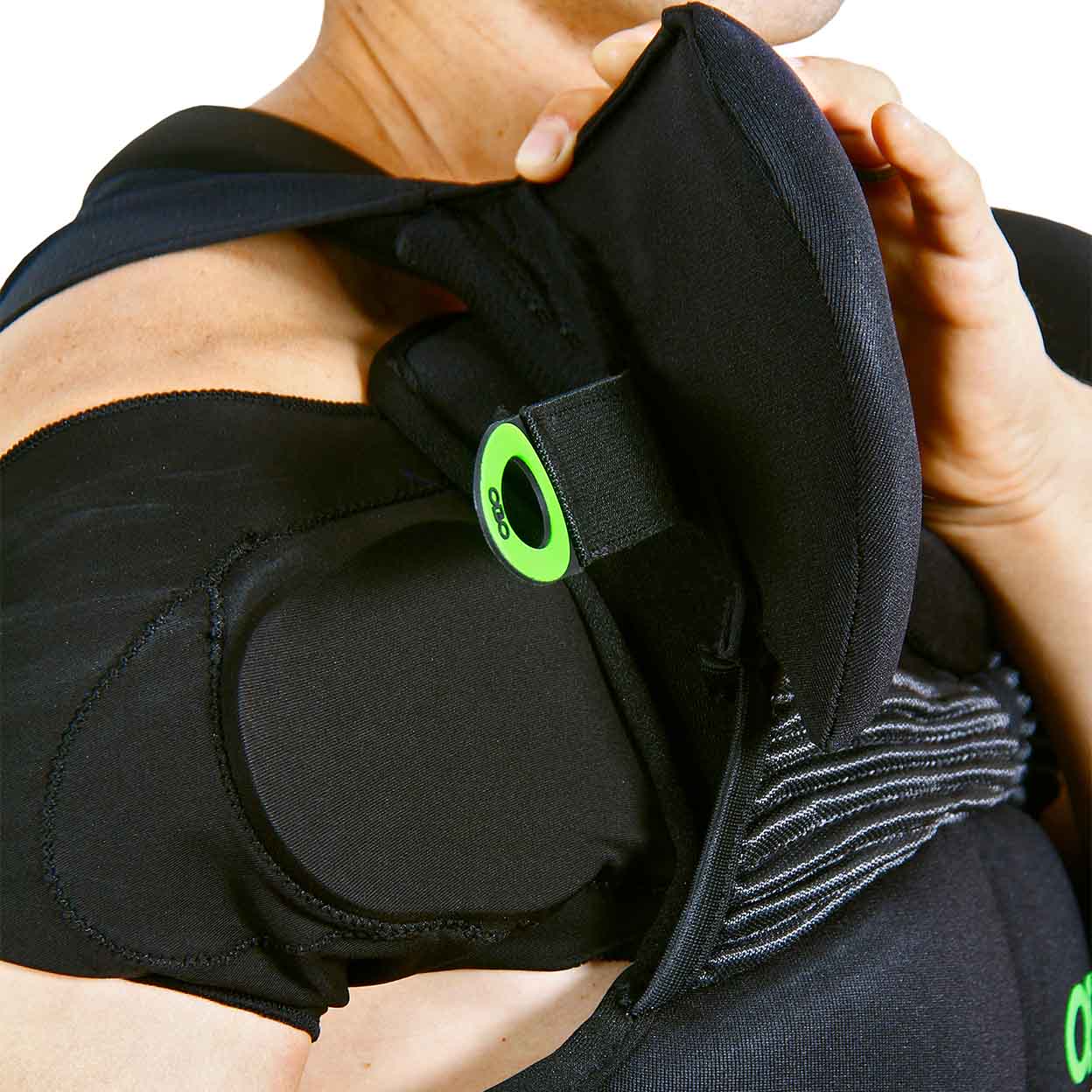 OBO Robo Chest Guard detail of shoulder pad pulled forward