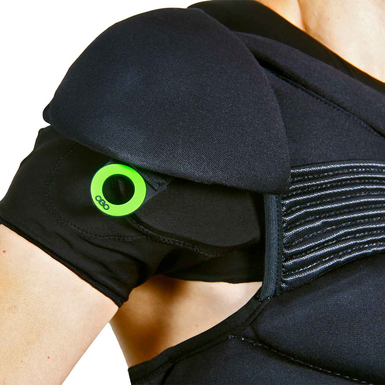 angled  view of shoulder pad in place on the OBO Robo Chest Guard