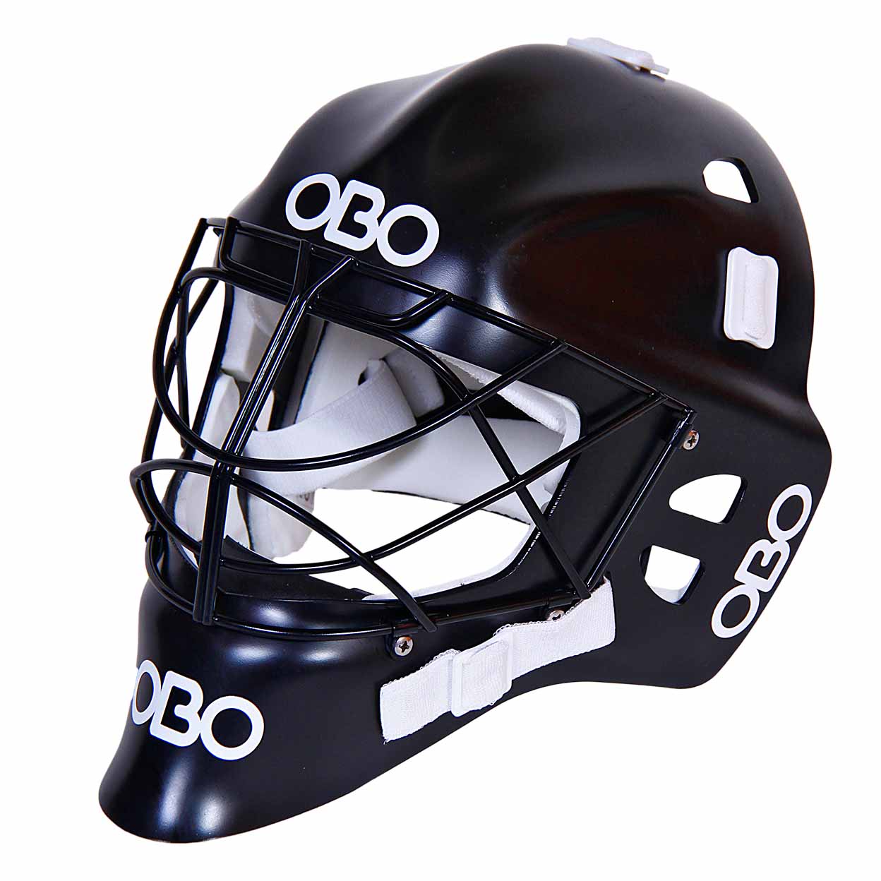 Black OBO PE Goalkeeping Helmet with white straps and logos on chin, forehead and sides.
