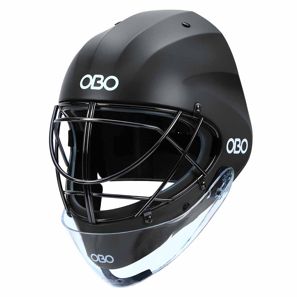 Black helmet with cage and OBO logo on a white background