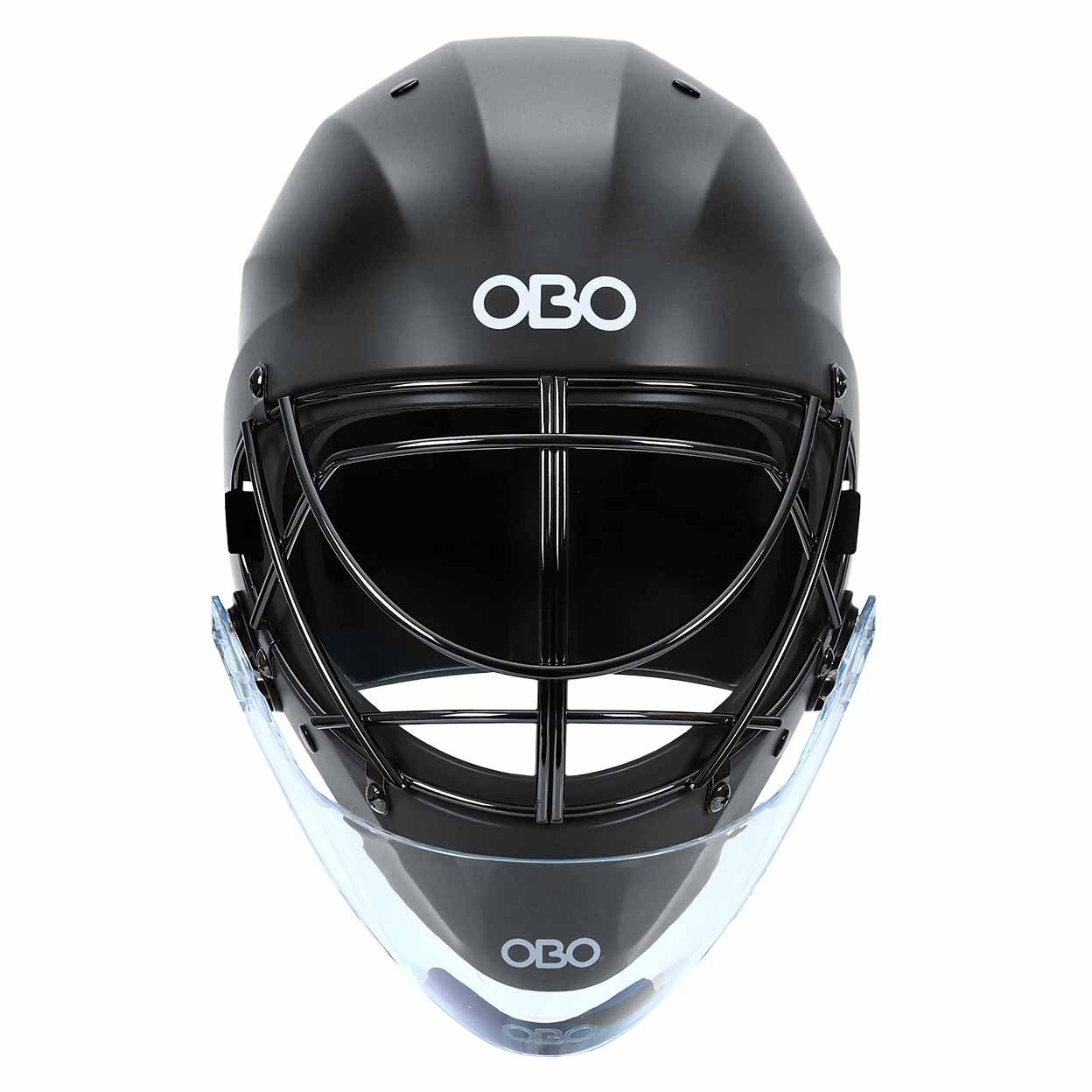 Black helmet with clear neck guard and OBO logo on a white background
