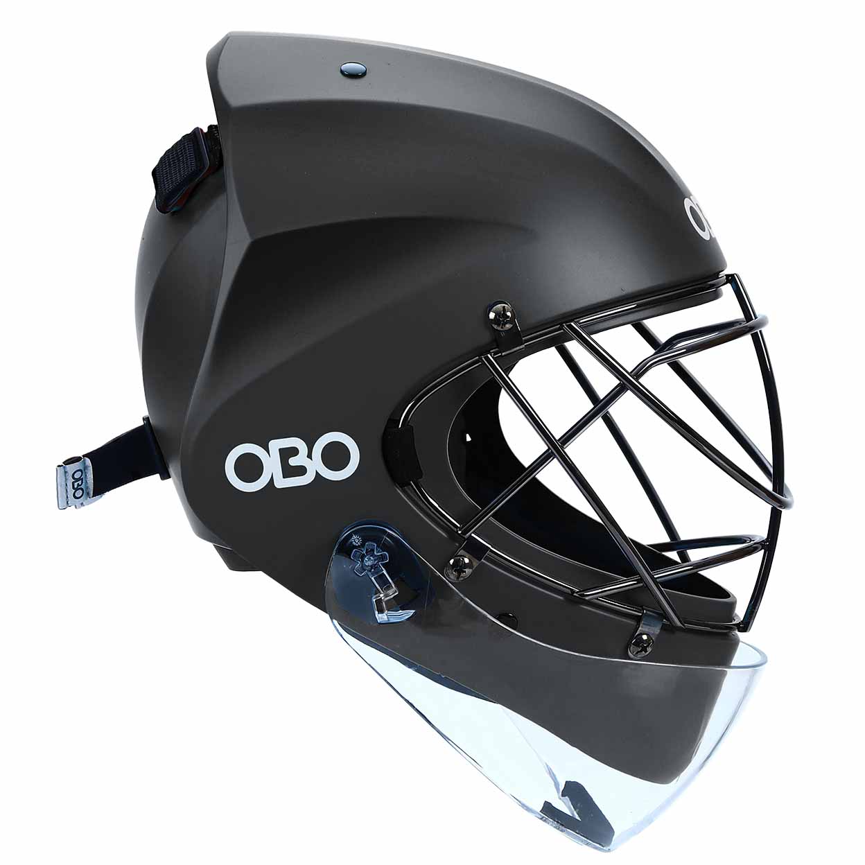 Black helmet with cage and clear neck guard on a white background, featuring the OBO logo.