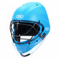 Blue helmet with black cage and OBO logo on a white background