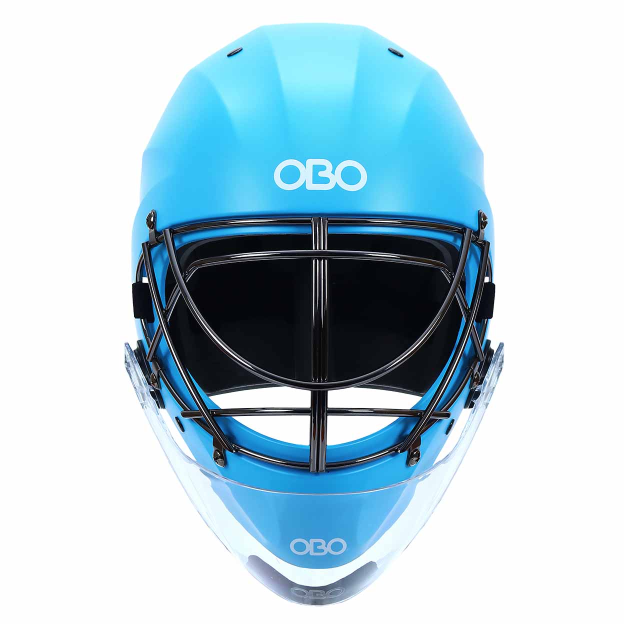 Blue helmet with black face guard and OBO logo on a white background