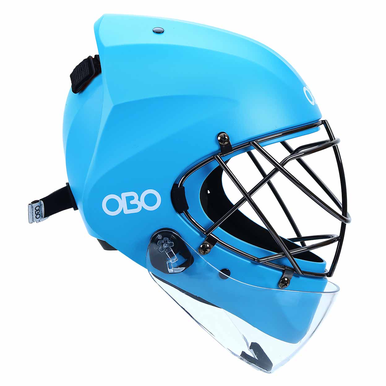Blue hockey helmet with black cage and clear visor on a white background, featuring the OBO logo.