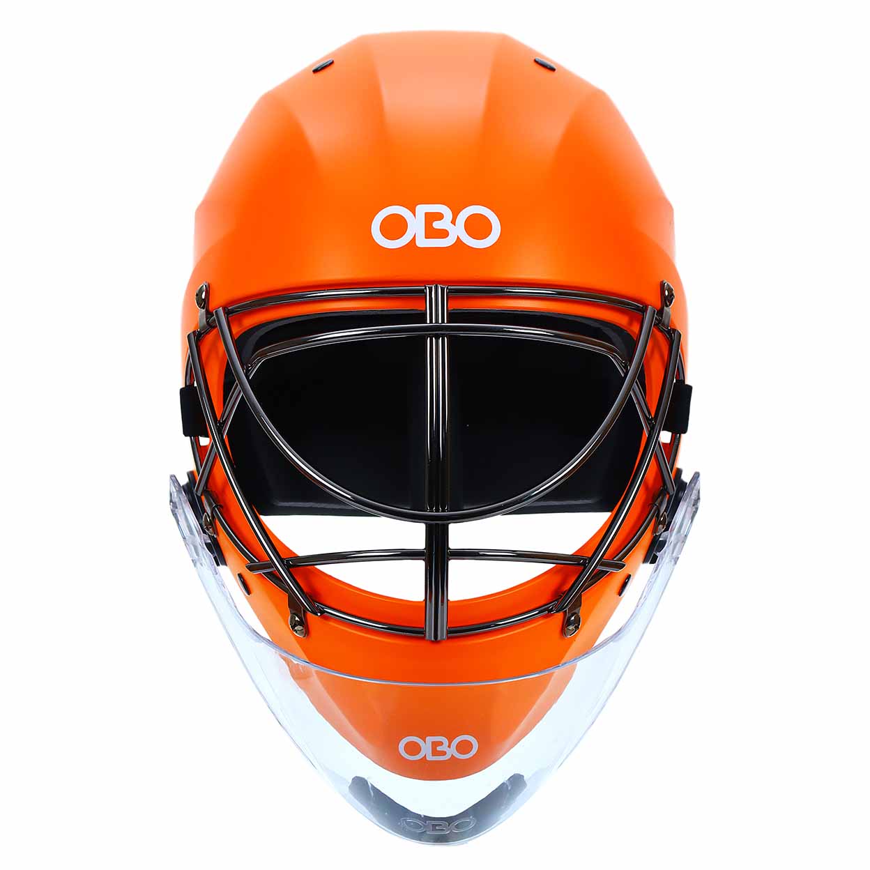 Orange helmet with black face guard and 'OBO' branding on a white background
