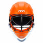 Orange helmet with black face guard and 'OBO' branding on a white background