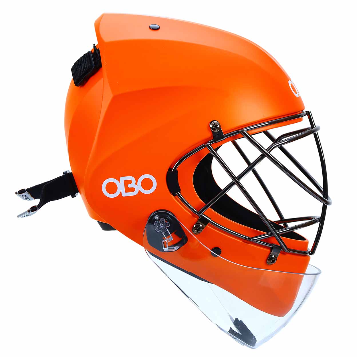 Orange helmet with face guard and OBO branding on a white background