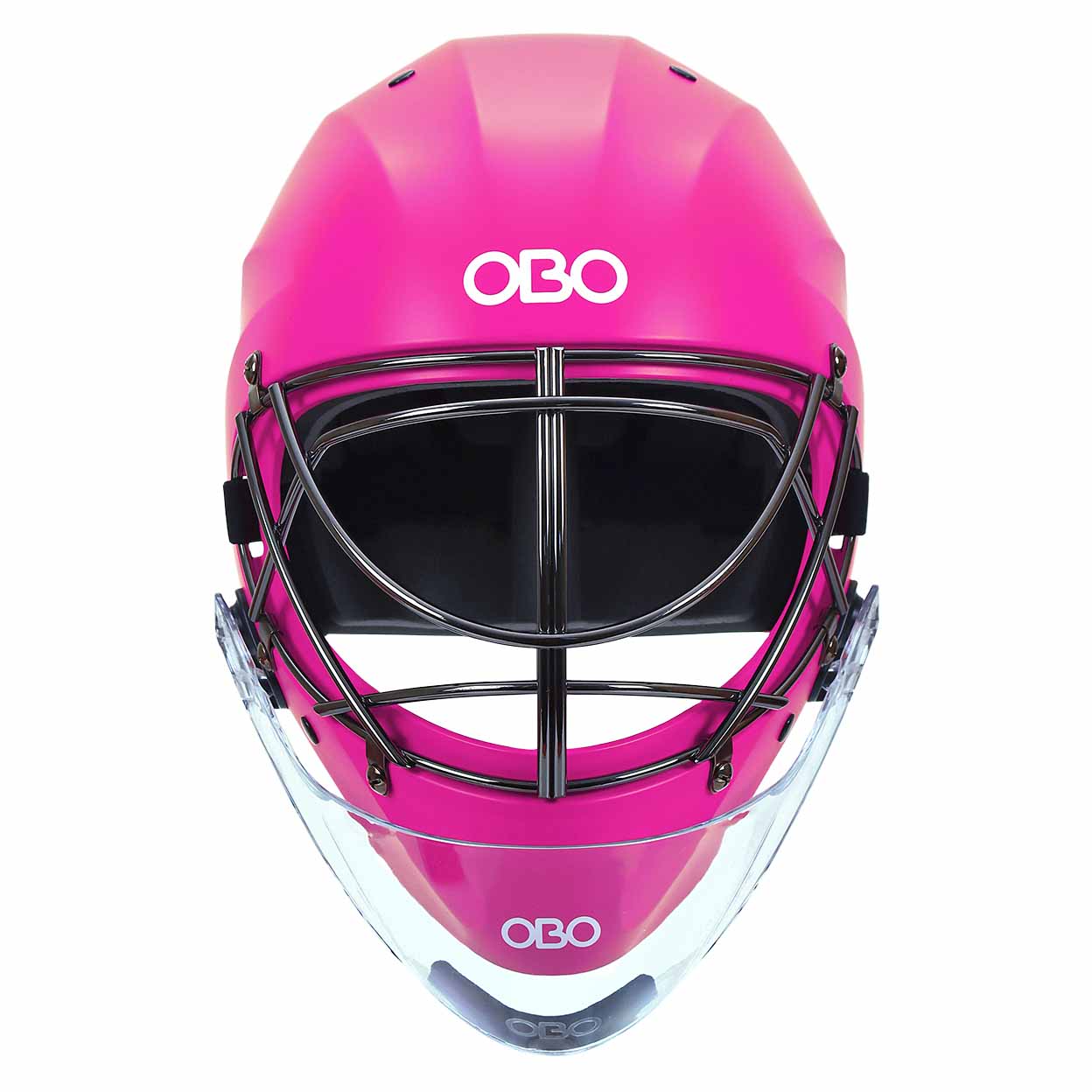 Pink helmet with black face guard and 'OBO' branding on a white background