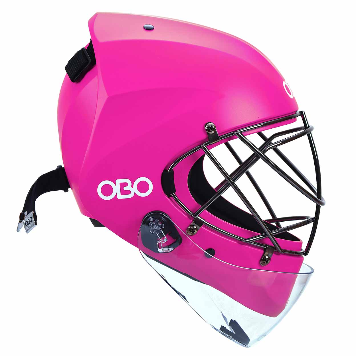 Pink helmet with a clear neck guard and OBO logo on a white background
