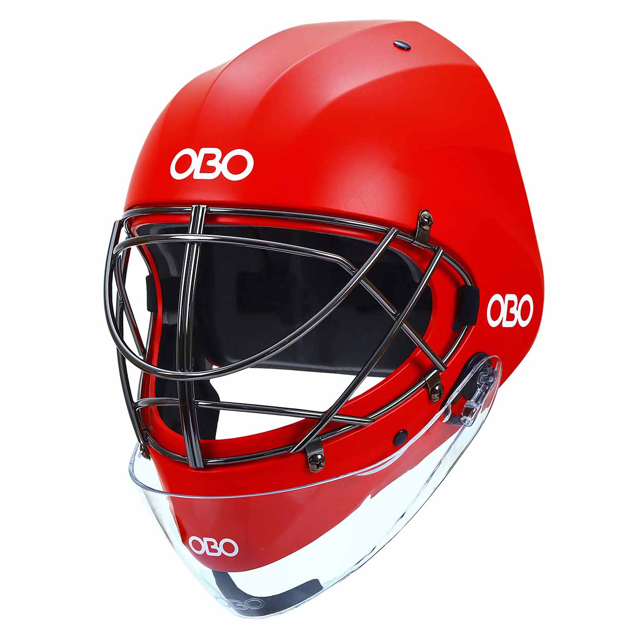Red helmet with a clear face guard and metal cage, featuring the OBO logo on a white background.