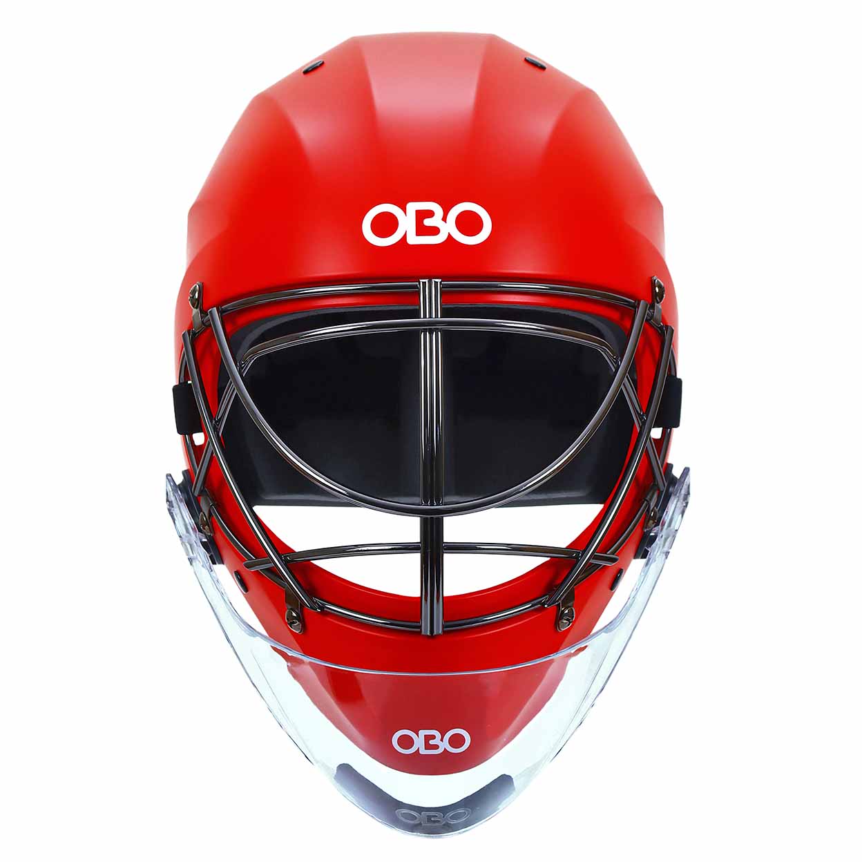 Red hockey helmet with black face guard and 'OBO' branding on a white background