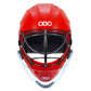 Red hockey helmet with black face guard and 'OBO' branding on a white background