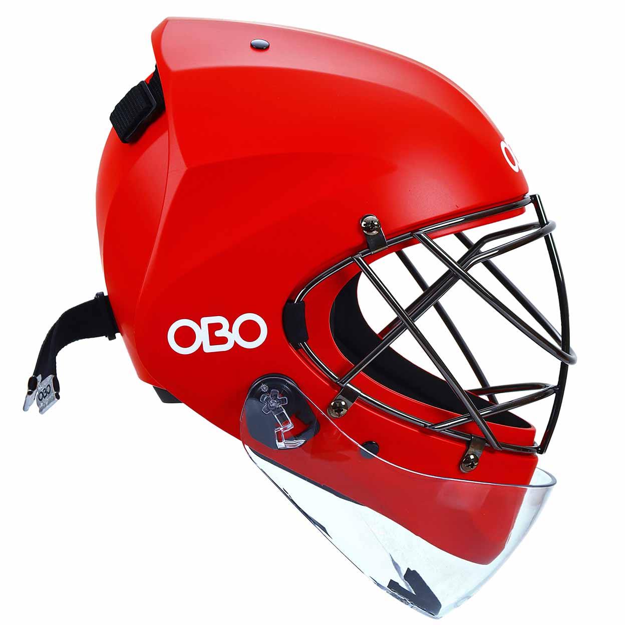 Red hockey helmet with clear visor and OBO branding on a white background