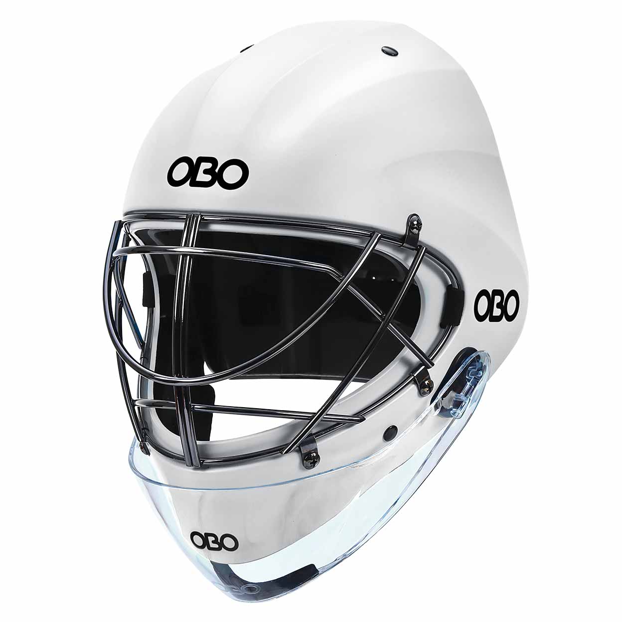 White helmet with black cage and 'OBO' branding on a white background