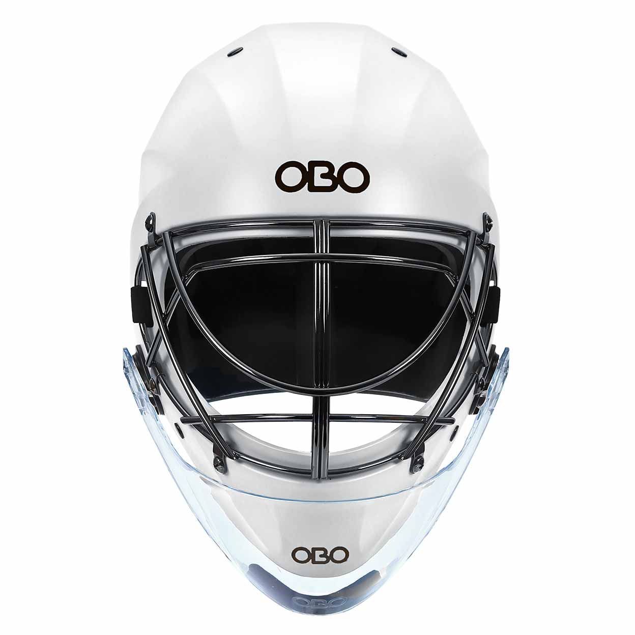 White helmet with black face guard and OBO logo on a white background