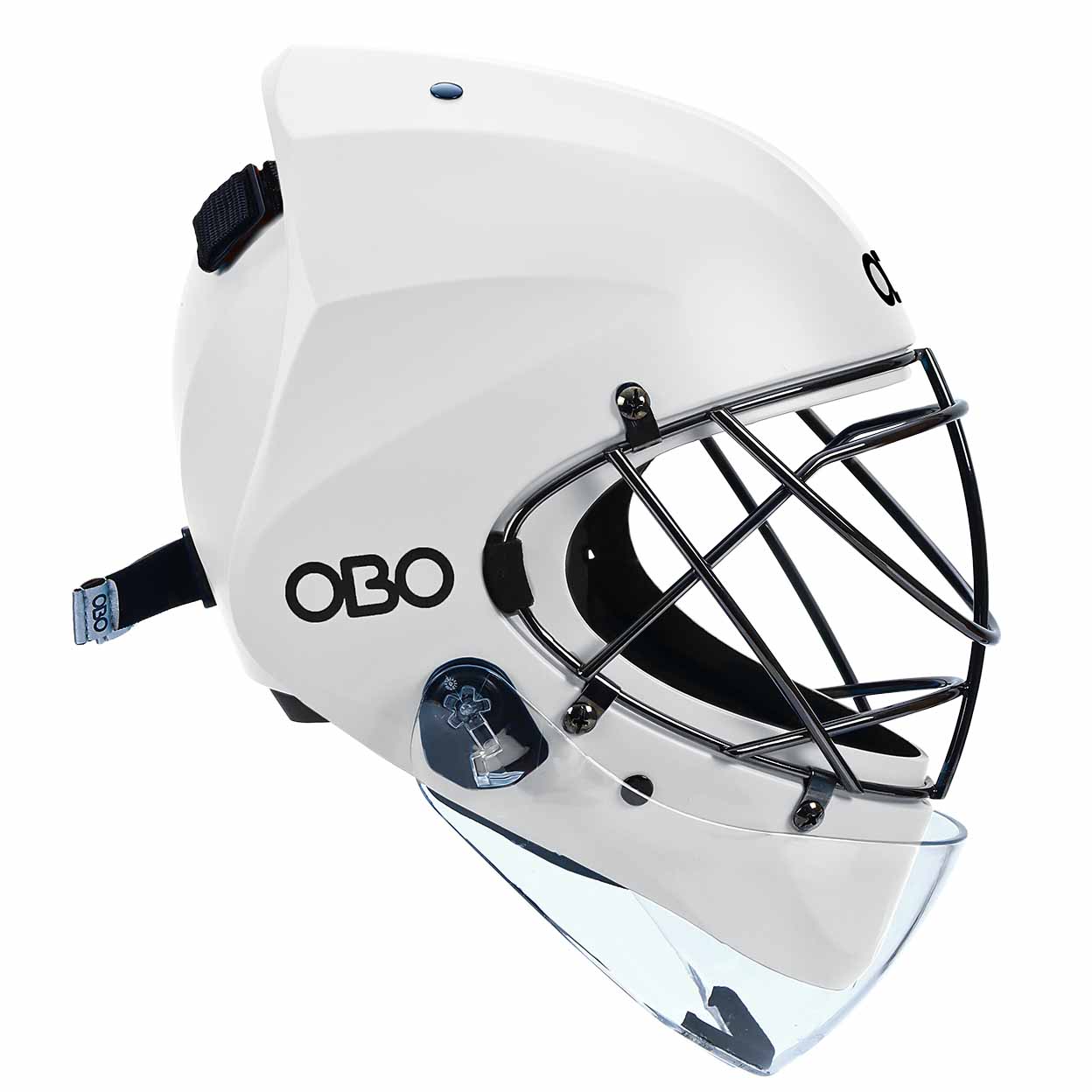 White hockey goalie mask with black cage and OBO logo on a white background