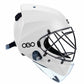 White hockey goalie mask with black cage and OBO logo on a white background