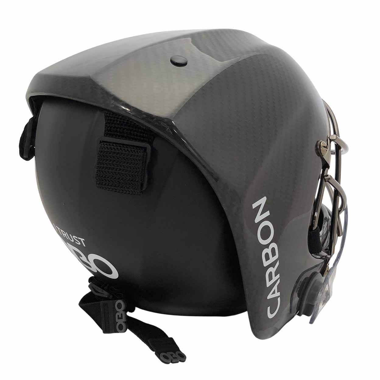 Black carbon field hockey goalie  helmet with 'CARBON' branding on a white background