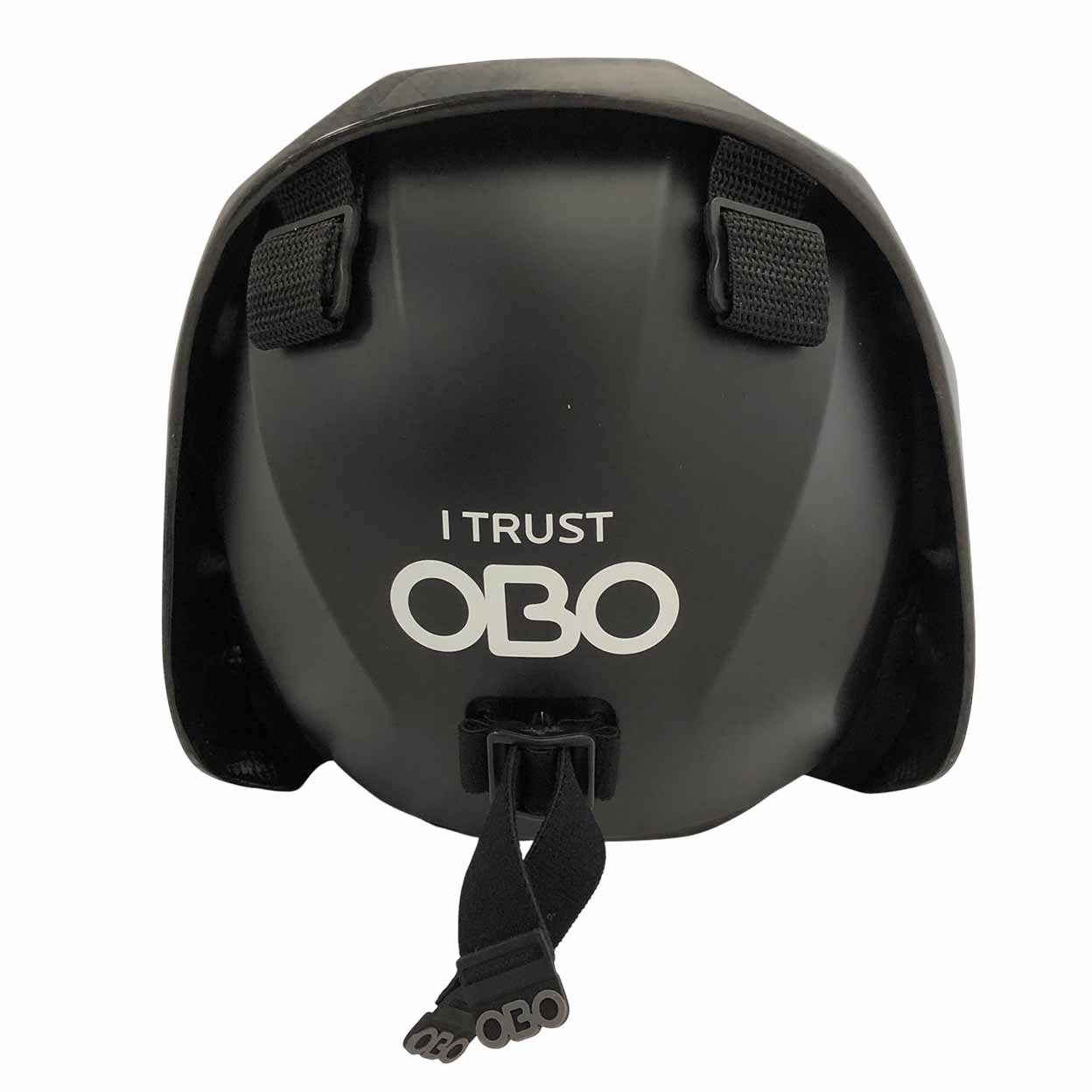 Black carbon field hockey goalie helmet with 'I TRUST OBO' branding on a white background