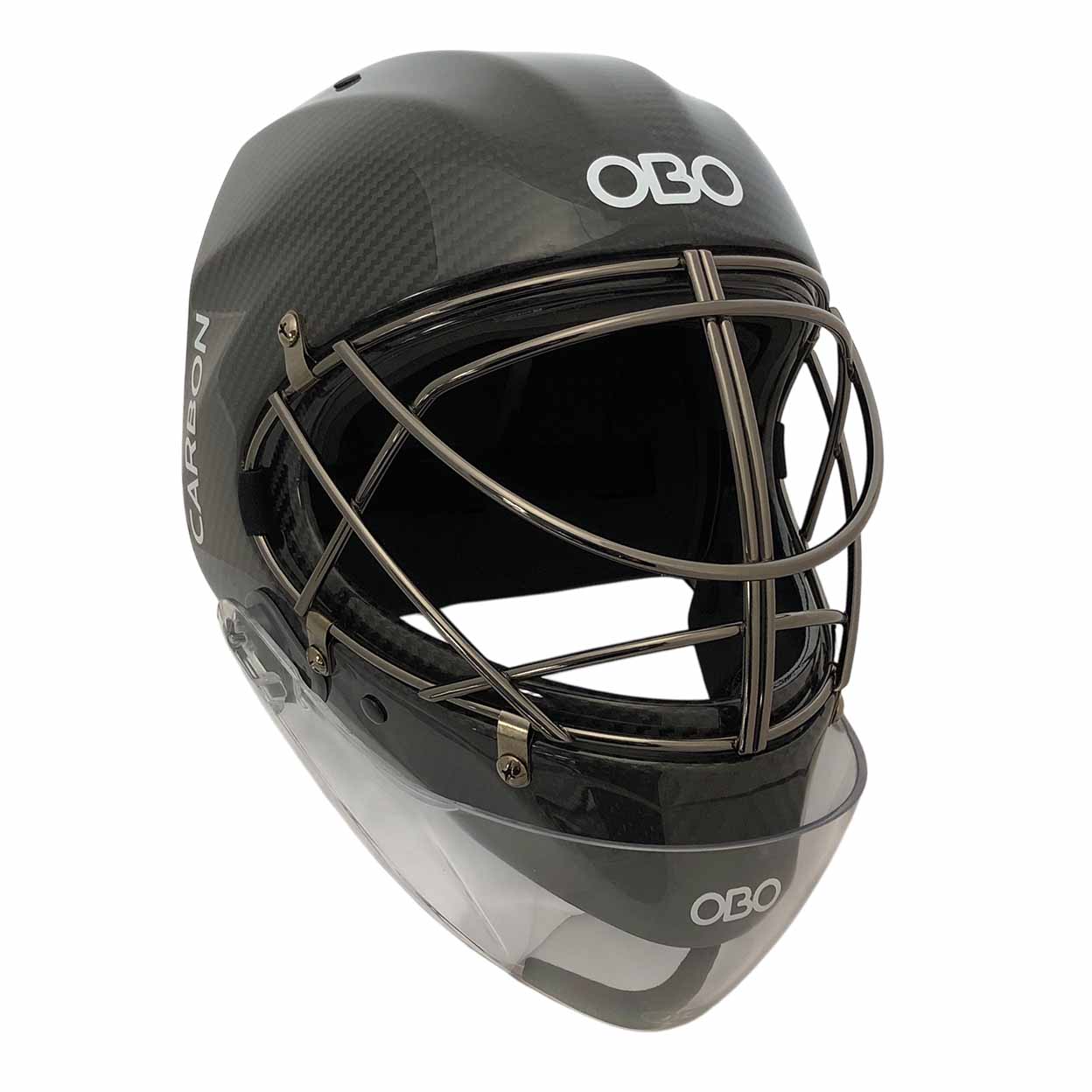 Black carbon field hockey goalie helmet with cage and 'OBO' branding on a white background