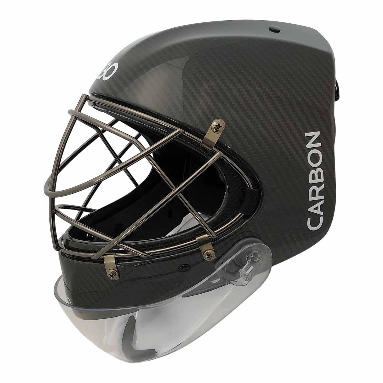 Black carbon fiber hockey goalie mask with cage on a white background