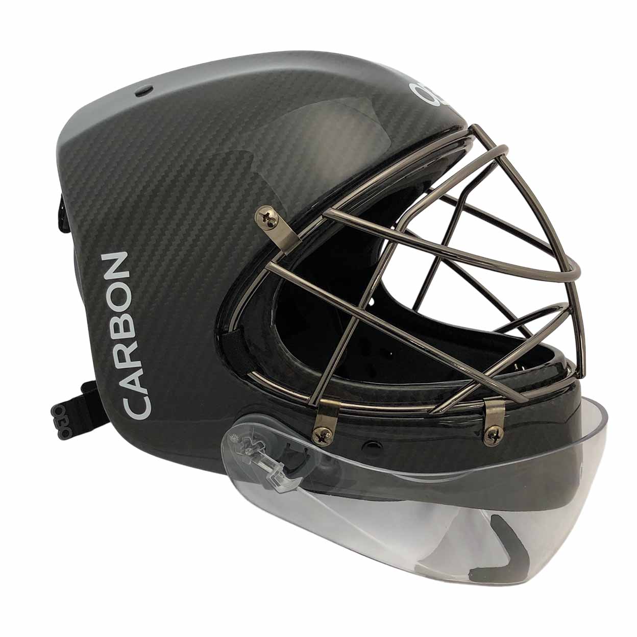 Black carbon fiber helmet with cage and clear neck protector on a white background