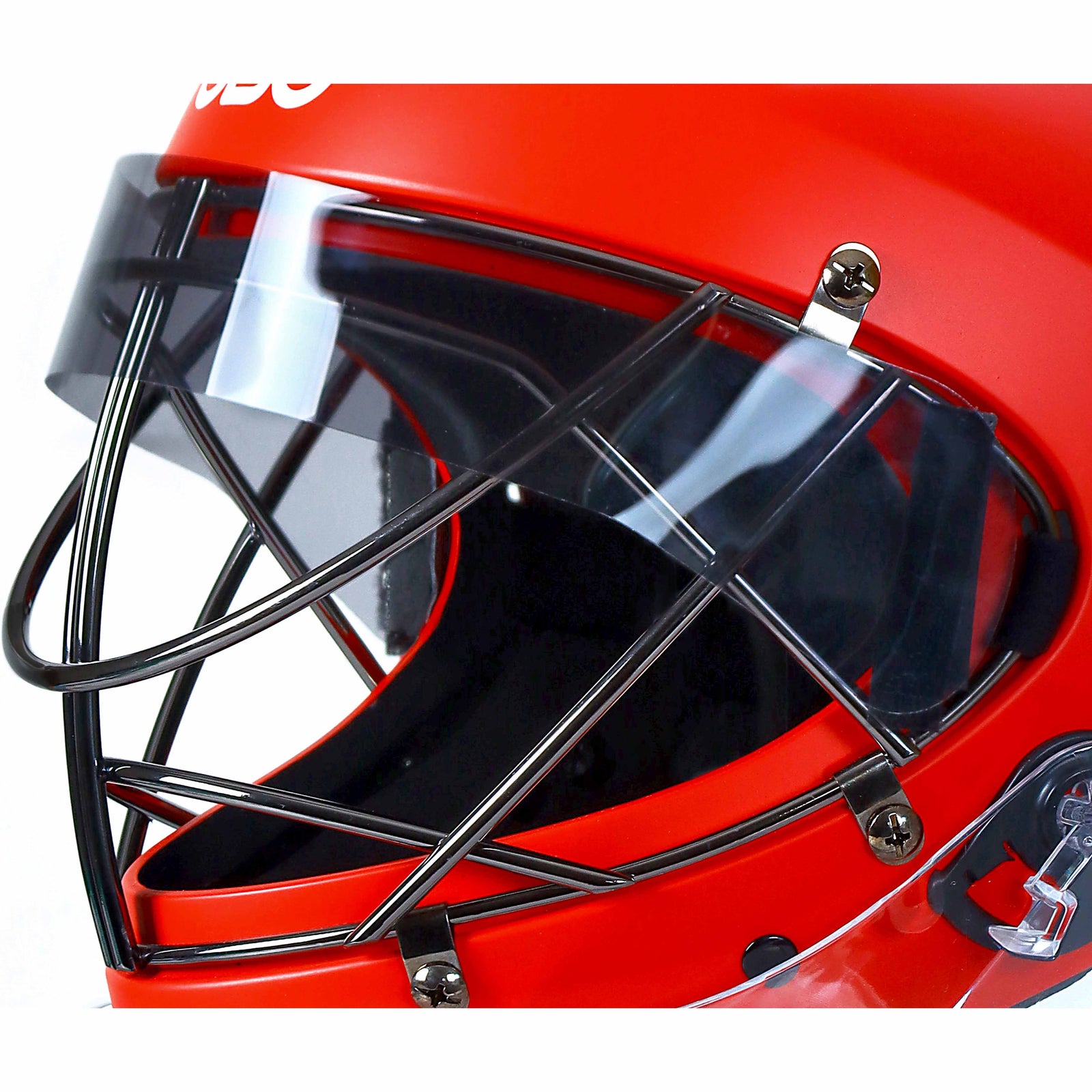 Close-up of the left side of a bright red OBO goalie helmet with black metal face cage, showing the helmet blinder attached outside the cage above eye level, and partially wrapping to the sides for glare reduction.