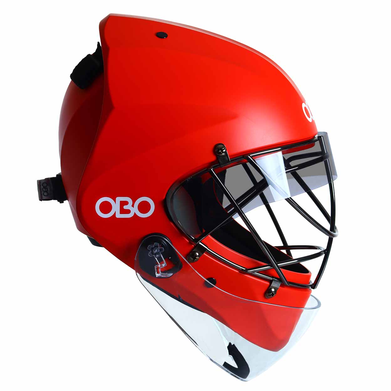 Profile view of a red OBO goalie helmet with full cage and transparent lower neck shield, showing the helmet blinders installed outside the upper face cage area, reducing sunlight and glare exposure.