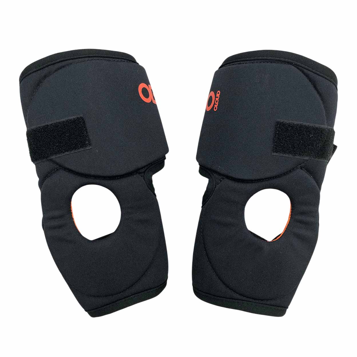 Pair of black knee pads with brand logo on a white background