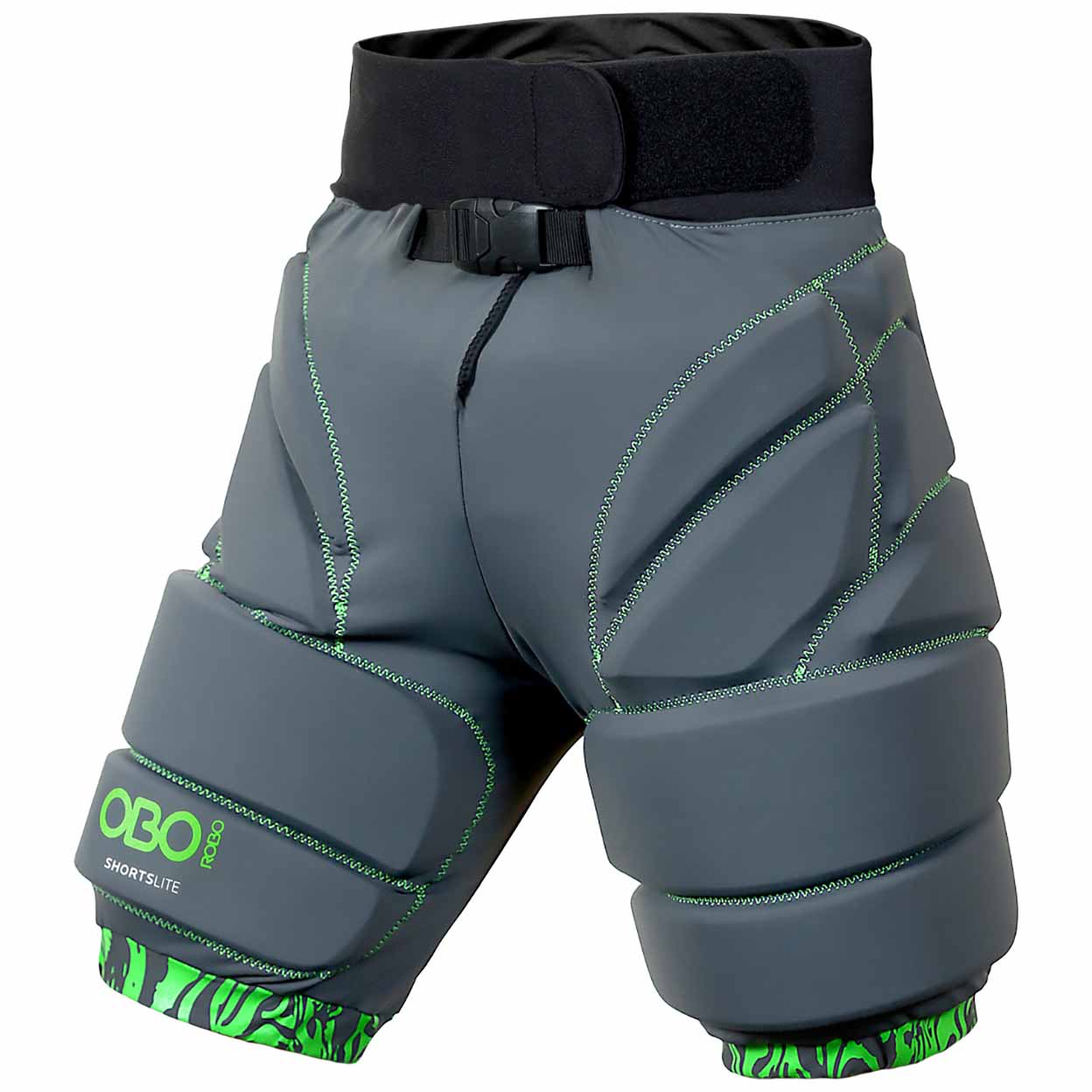 Gray padded sports shorts with green stitching and accents, black waistband, and a front buckle. The OBO logo and SHORTS LITE text appear on the left thigh.