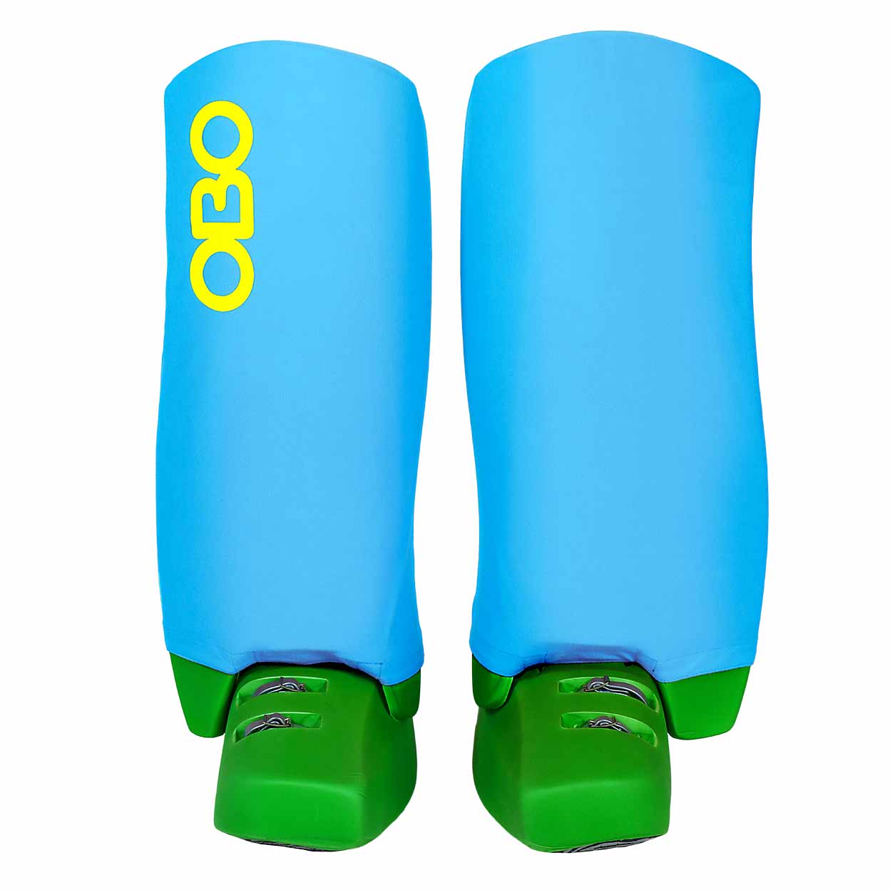 Pair of blue and green shin guards with OBO branding on a white background