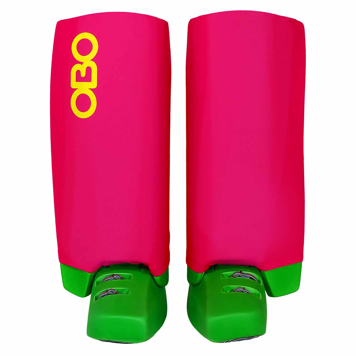 Pink shin guard covers with green soles and a yellow 'OBO' logo on a white background