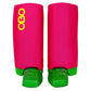 Pink shin guard covers with green soles and a yellow 'OBO' logo on a white background