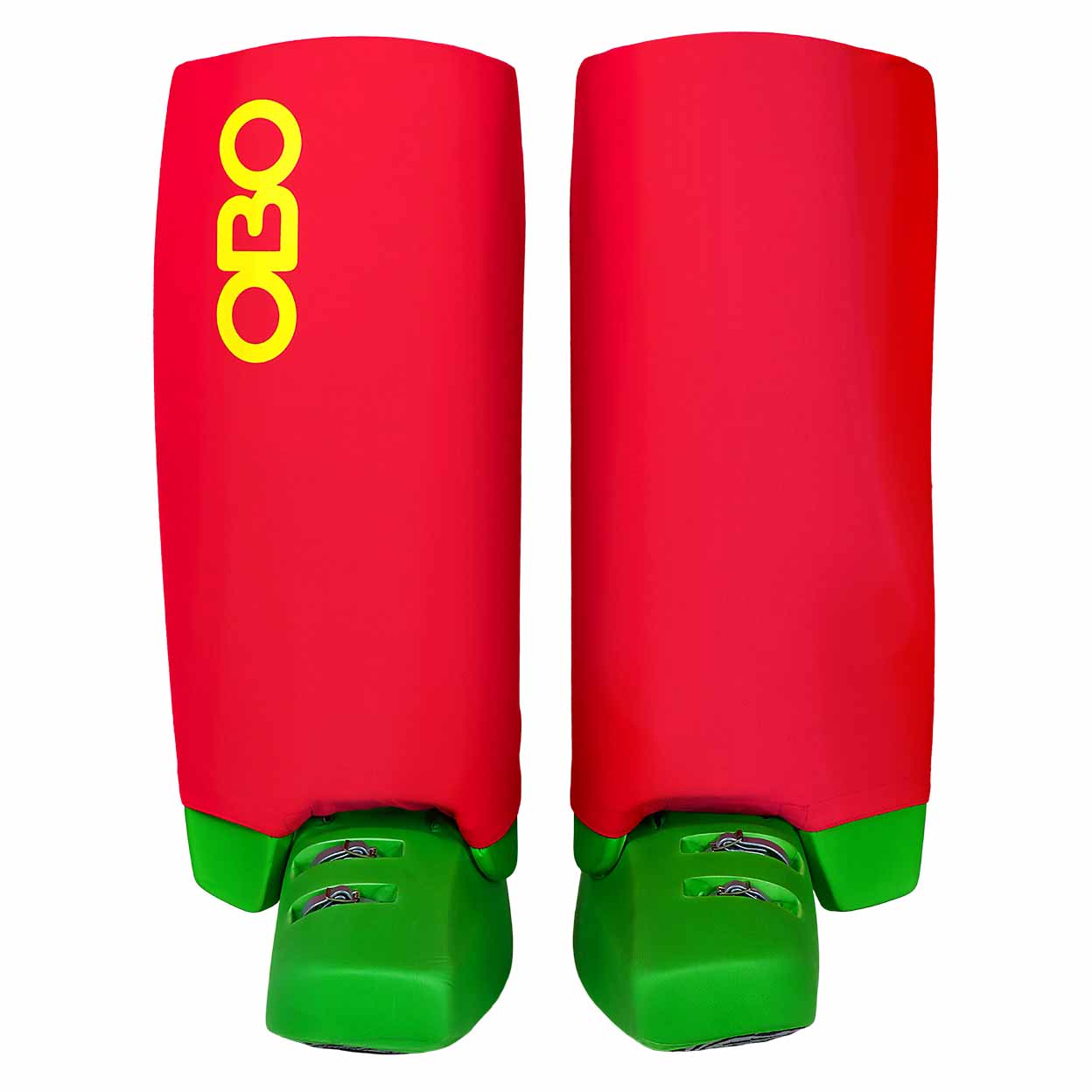Red shin guard covers with green kickers and yellow logo on a white background